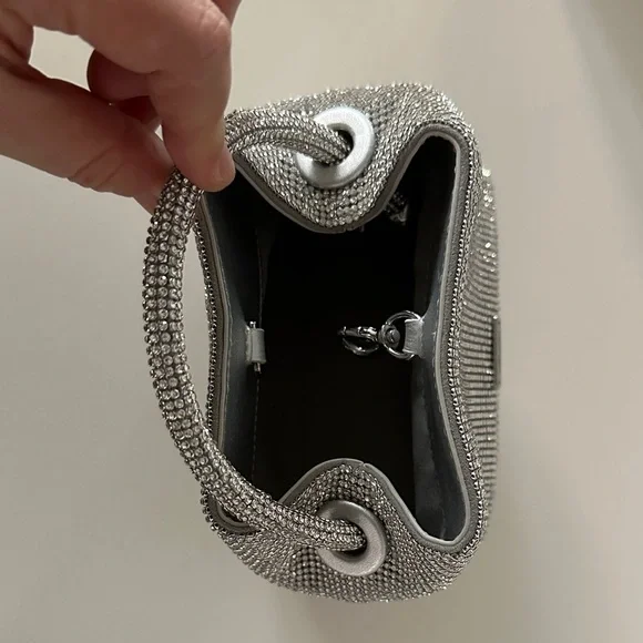 NWT Cult Gaia Solene Mini Top Round Handle Clear Rhinestone Silver Bag - Picture 9 of 10